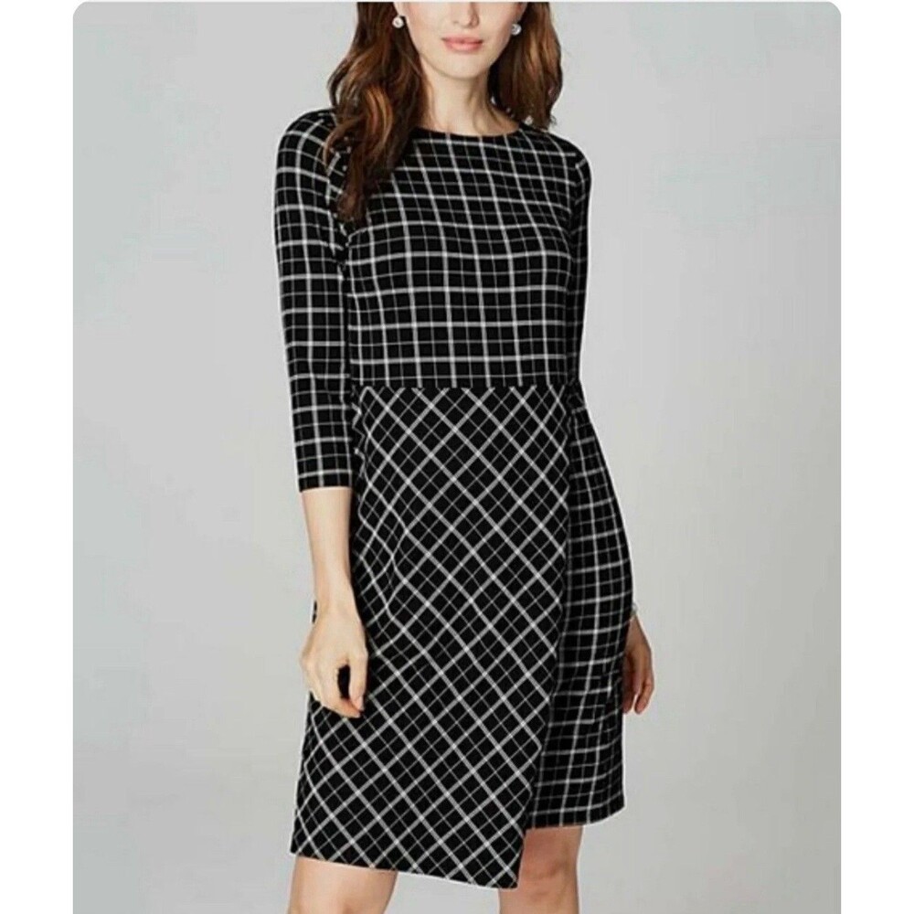 NWT $119 J. Jill Wearever Collection Faux Wrap Dress Black Plaid Women Size LP